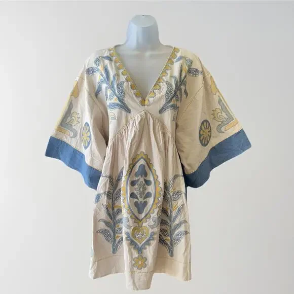 NEW Blue Velvet Embroidered Boho Babydoll Dress Women Size S/M Floral Beach - Picture 2 of 9